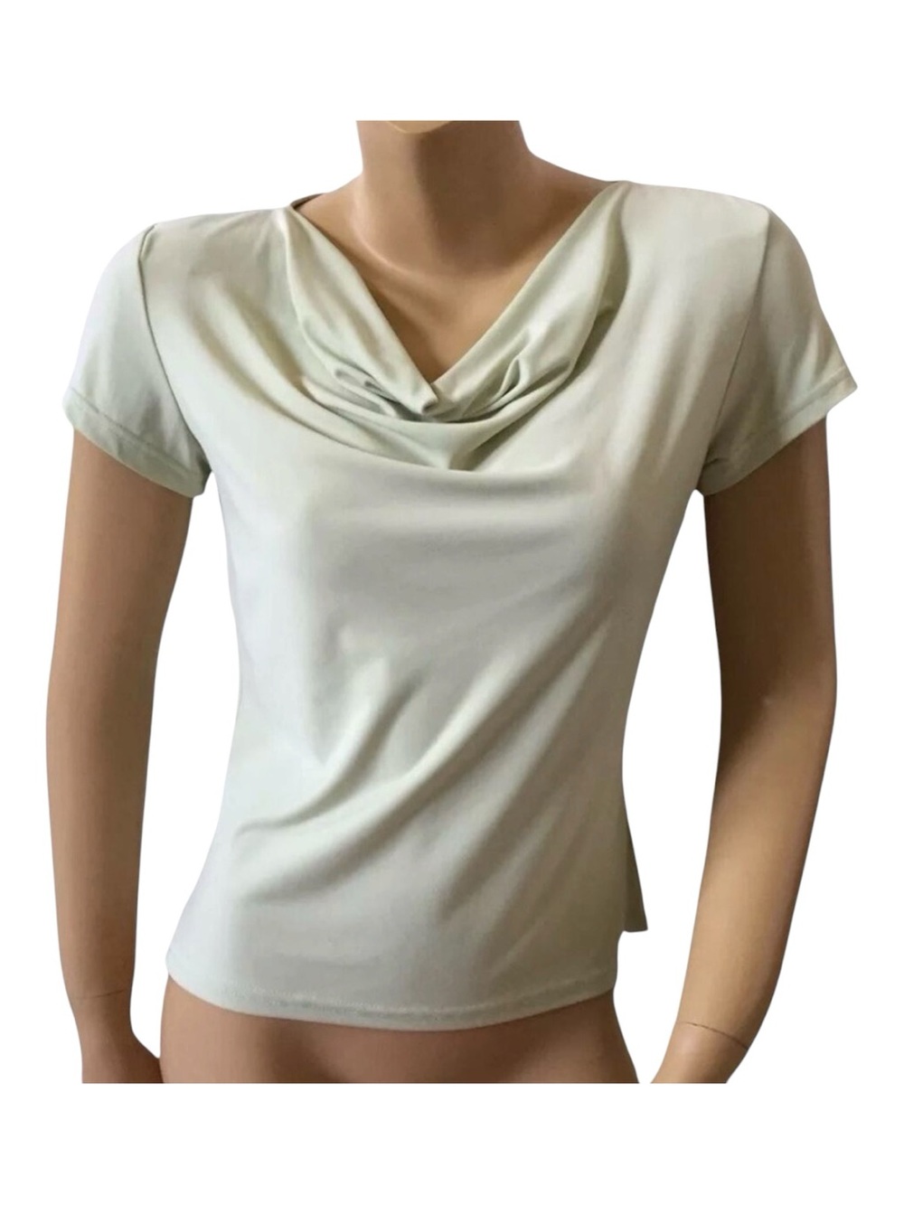 Briggs New York Top Womens Petite M Green Cowl Neck Short Sleeve Stretch Blouse